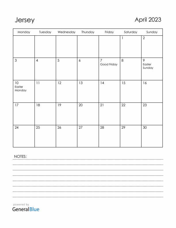 April 2023 Jersey Calendar with Holidays (Monday Start)