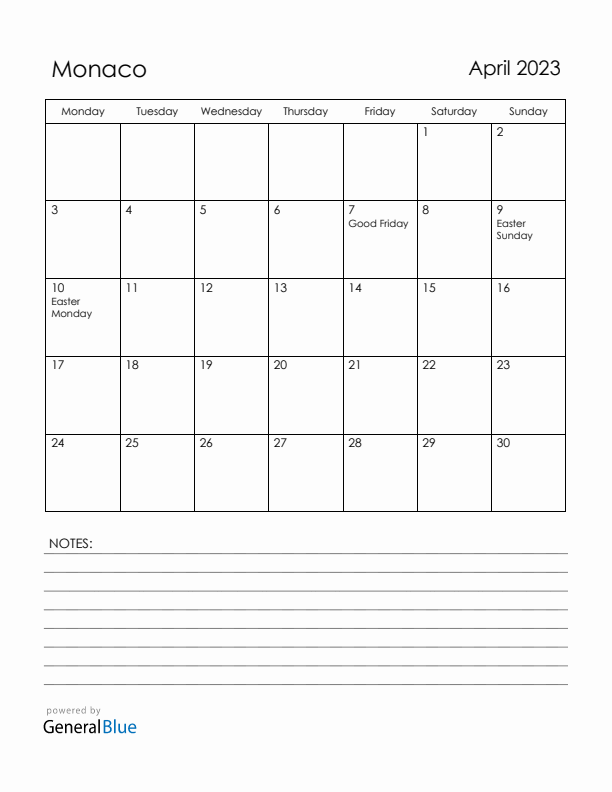 April 2023 Monaco Calendar with Holidays (Monday Start)