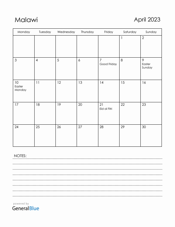 April 2023 Malawi Calendar with Holidays (Monday Start)