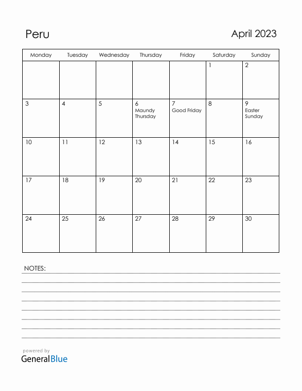 April 2023 Peru Calendar with Holidays (Monday Start)