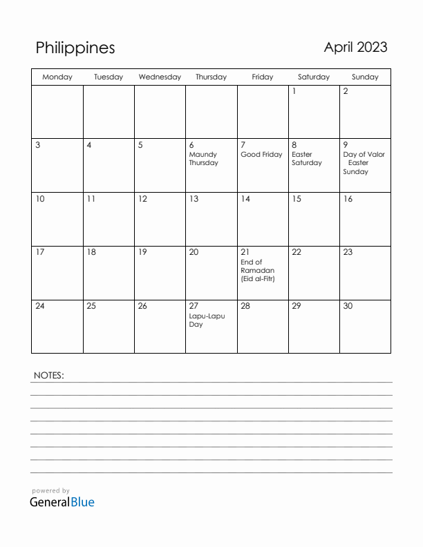 April 2023 Philippines Calendar with Holidays (Monday Start)