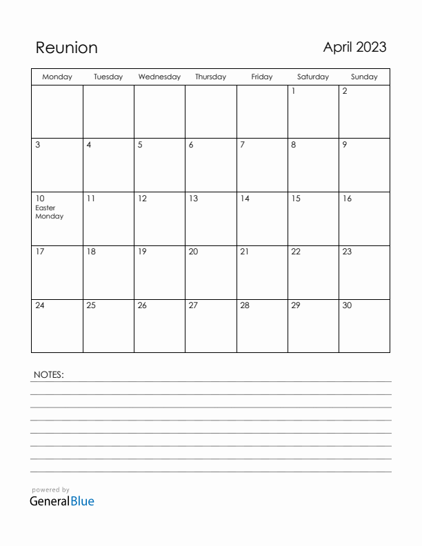 April 2023 Reunion Calendar with Holidays (Monday Start)