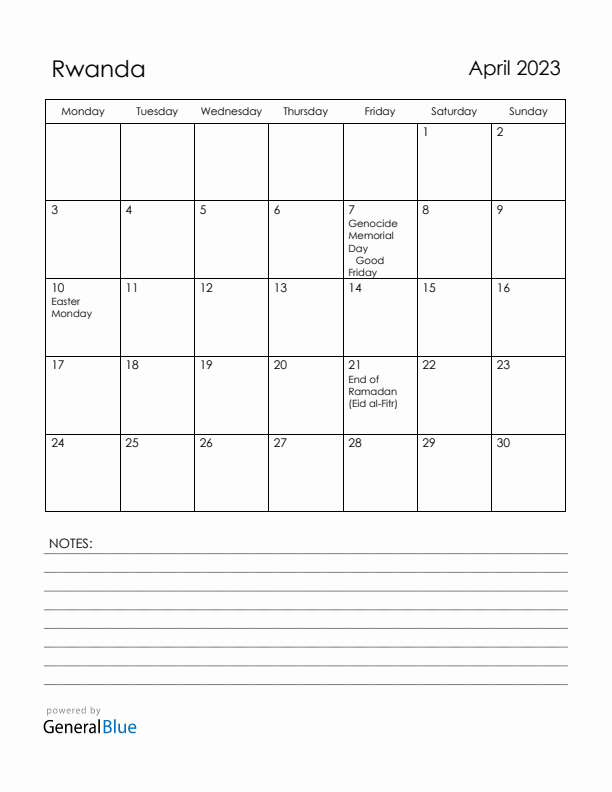 April 2023 Rwanda Calendar with Holidays (Monday Start)