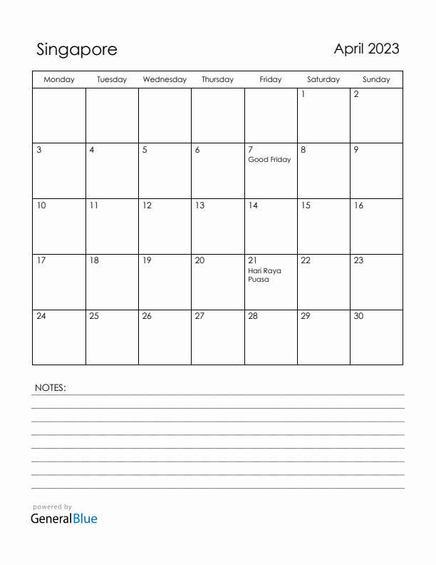 April 2023 Singapore Calendar with Holidays (Monday Start)