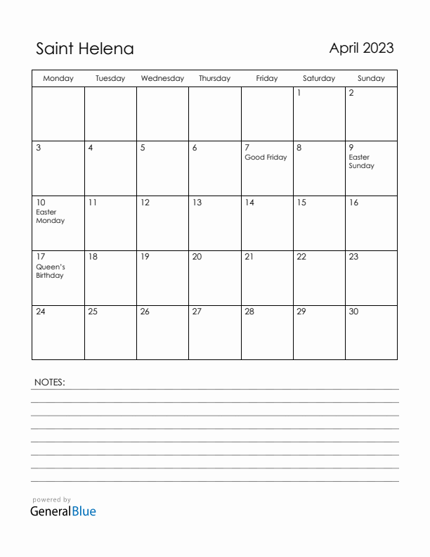 April 2023 Saint Helena Calendar with Holidays (Monday Start)