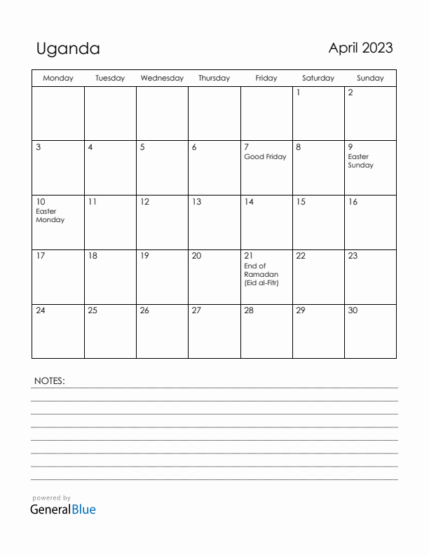 April 2023 Uganda Calendar with Holidays (Monday Start)