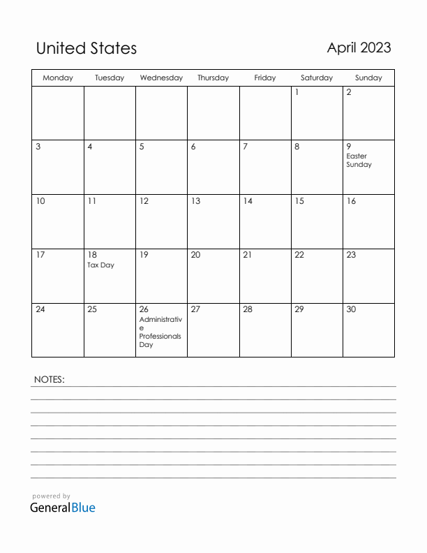 April 2023 United States Calendar with Holidays (Monday Start)