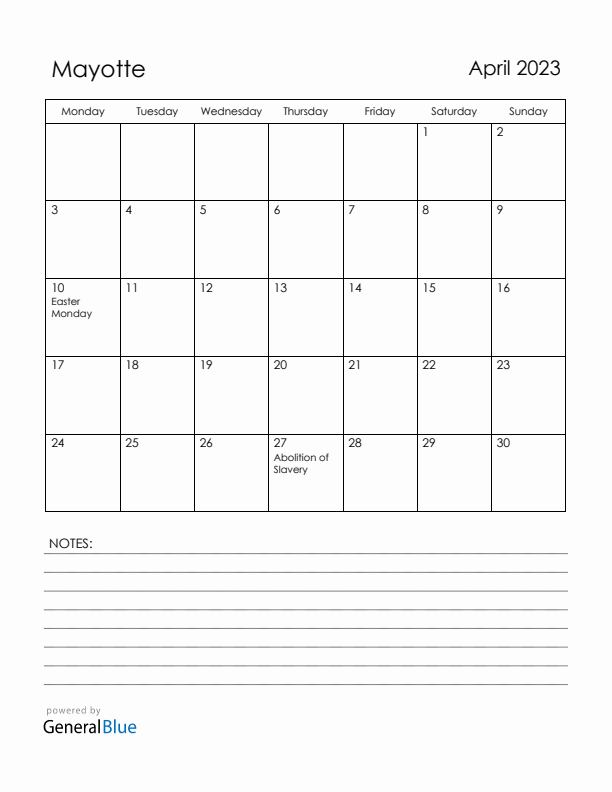 April 2023 Mayotte Calendar with Holidays (Monday Start)