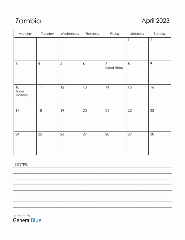 April 2023 Zambia Calendar with Holidays (Monday Start)