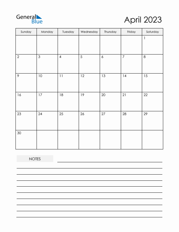 Printable Calendar with Notes - April 2023 