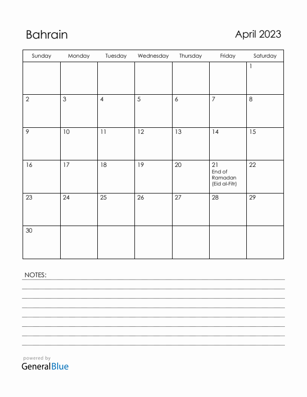 April 2023 Bahrain Calendar with Holidays (Sunday Start)