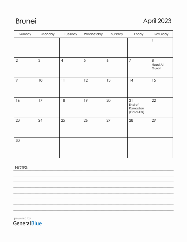 April 2023 Brunei Calendar with Holidays (Sunday Start)