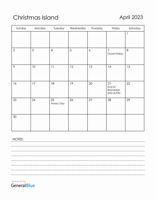April 2023 Christmas Island Calendar with Holidays (Sunday Start)
