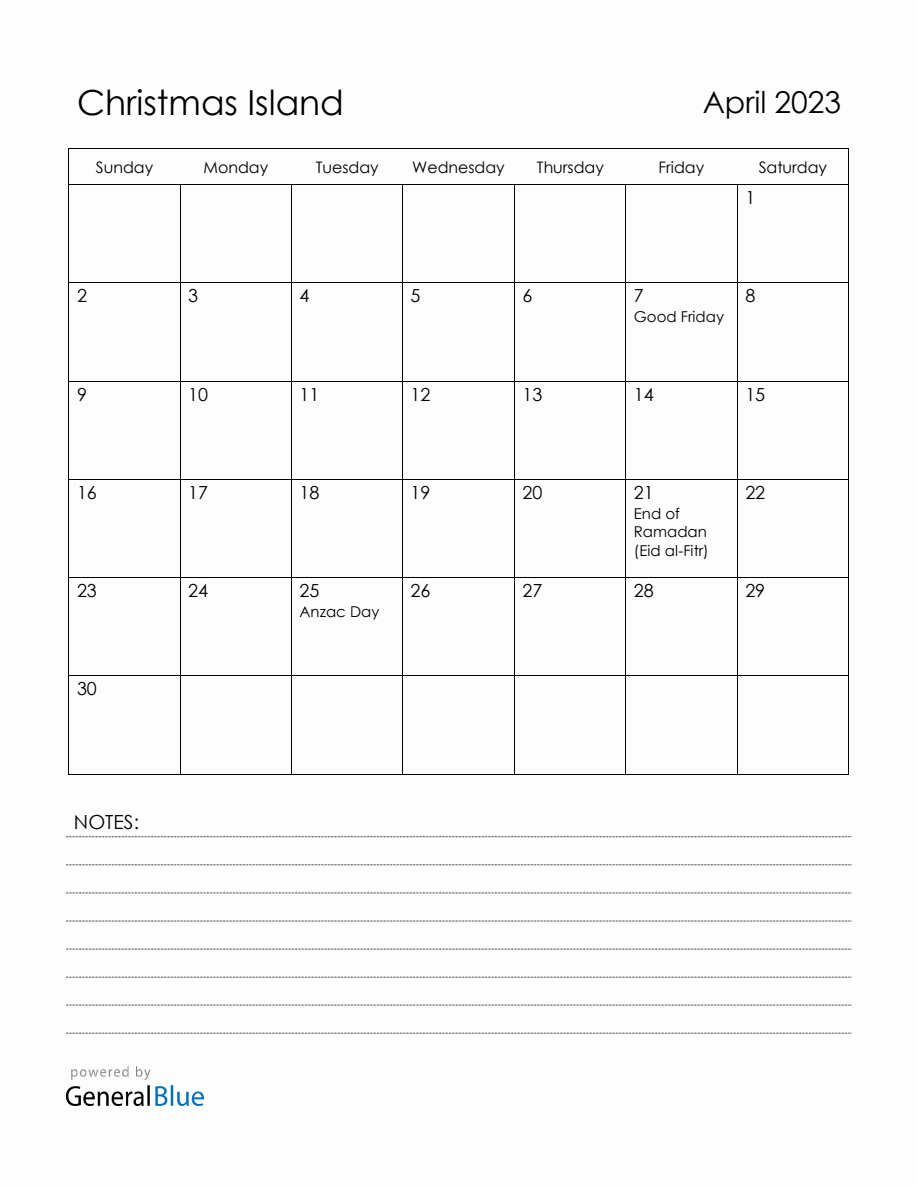 April 2023 Christmas Island Calendar with Holidays