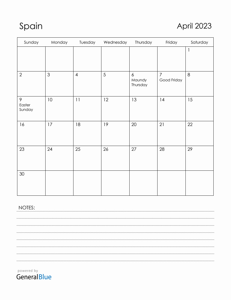 April 2023 Spain Calendar with Holidays