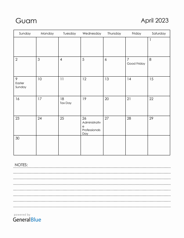 April 2023 Guam Calendar with Holidays (Sunday Start)