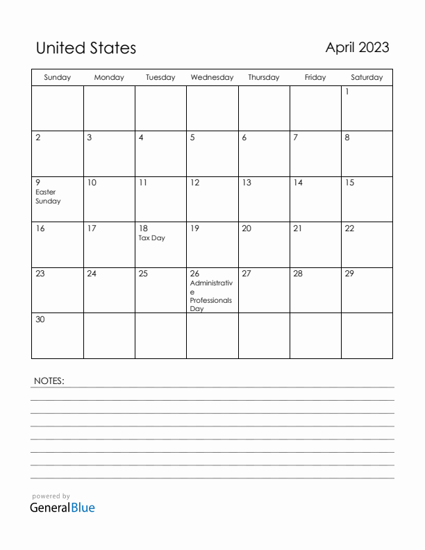 April 2023 United States Calendar with Holidays (Sunday Start)