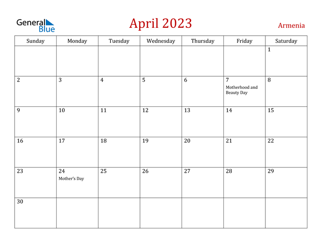 Armenia April 2023 Calendar