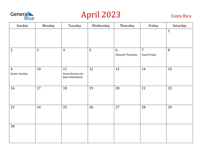 Costa Rica April 2023 Calendar