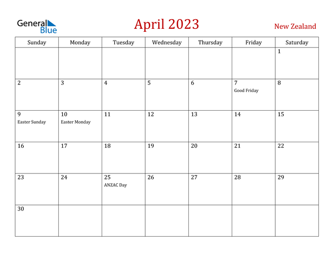 New Zealand April 2023 Calendar With Holidays