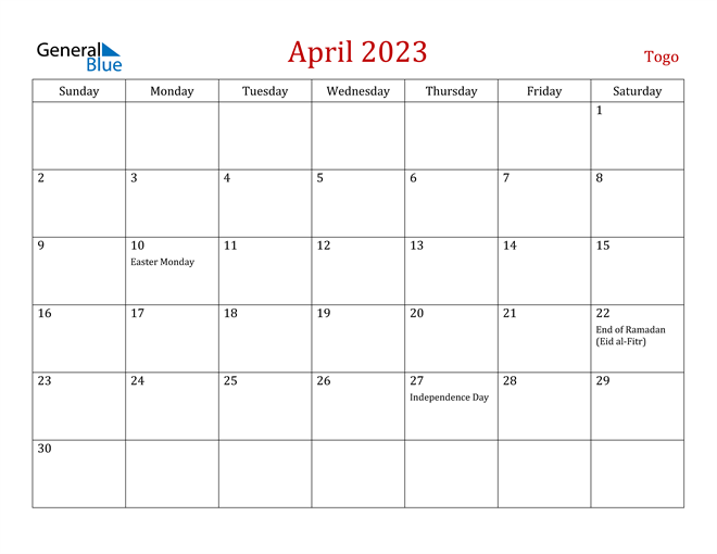 Togo April 2023 Calendar