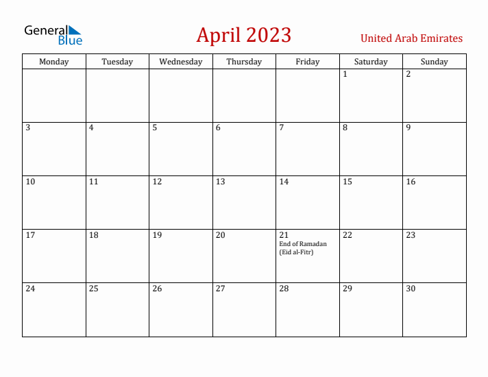 United Arab Emirates April 2023 Calendar - Monday Start
