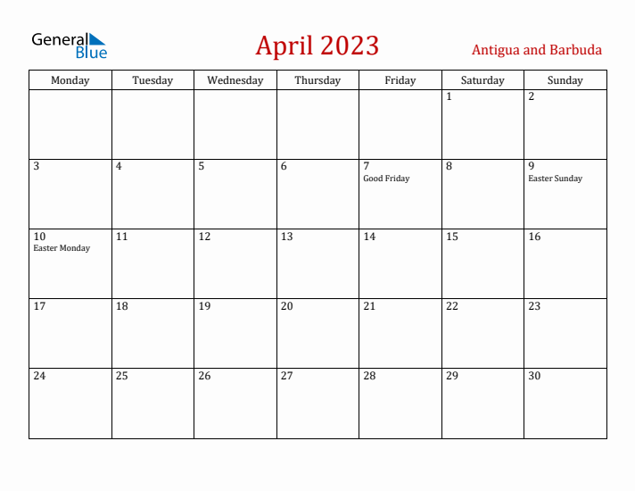 Antigua and Barbuda April 2023 Calendar - Monday Start