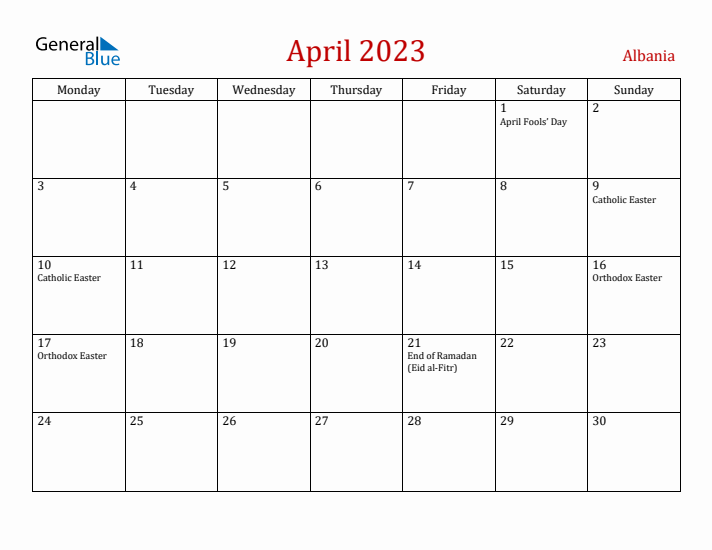 Albania April 2023 Calendar - Monday Start