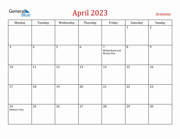 Armenia April 2023 Calendar - Monday Start