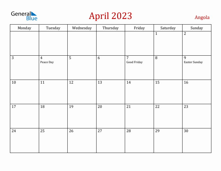 Angola April 2023 Calendar - Monday Start