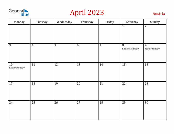 Austria April 2023 Calendar - Monday Start