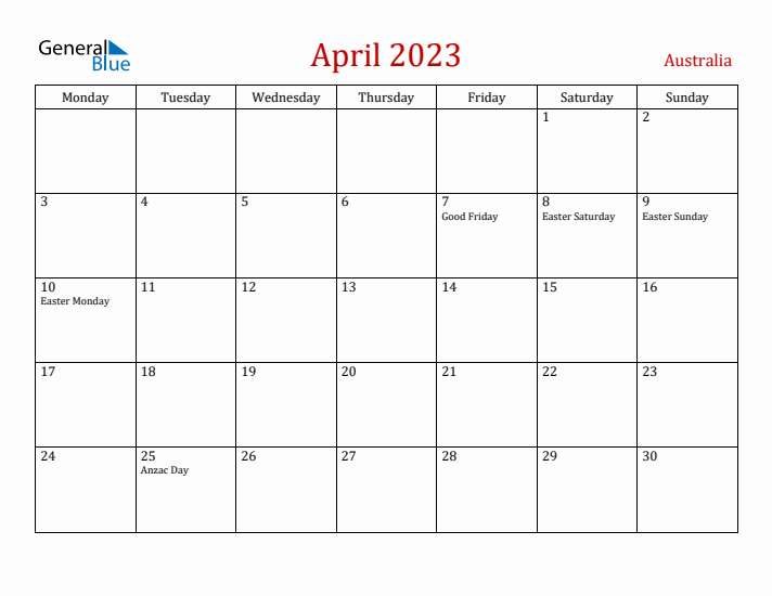 Australia April 2023 Calendar - Monday Start