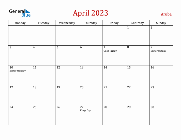 Aruba April 2023 Calendar - Monday Start