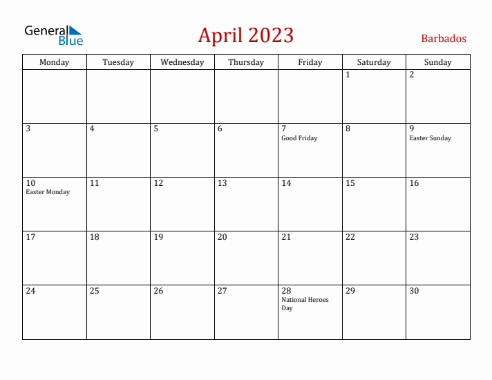 Barbados April 2023 Calendar - Monday Start