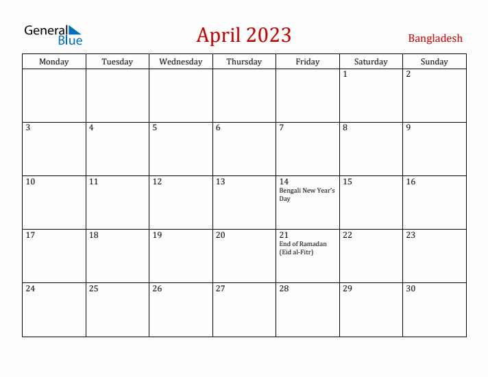Bangladesh April 2023 Calendar - Monday Start