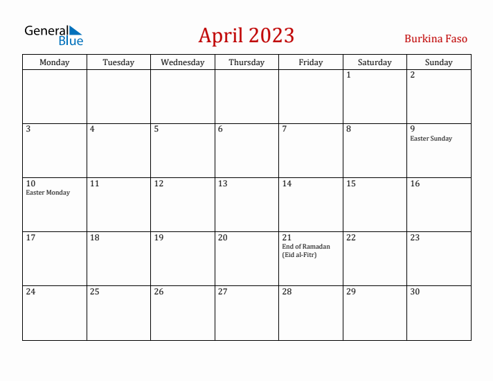 Burkina Faso April 2023 Calendar - Monday Start