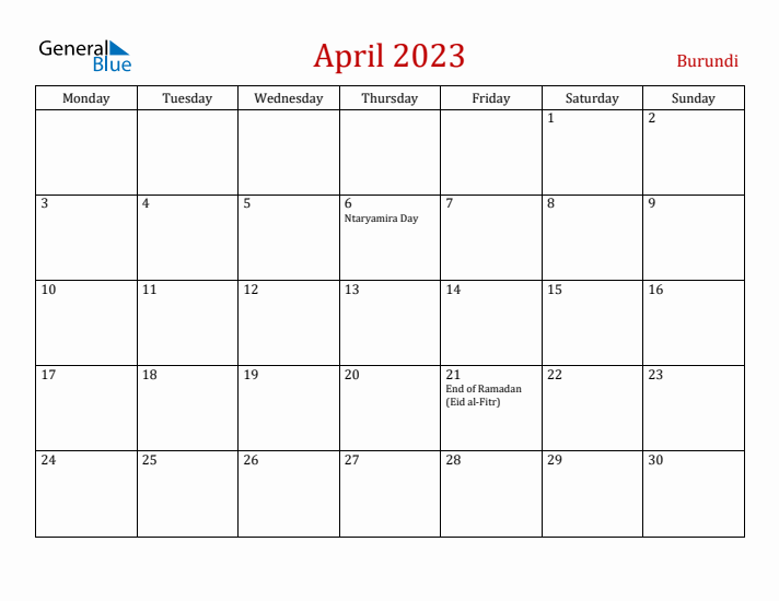 Burundi April 2023 Calendar - Monday Start