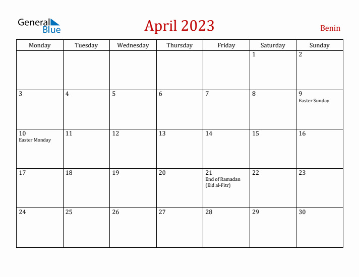 Benin April 2023 Calendar - Monday Start