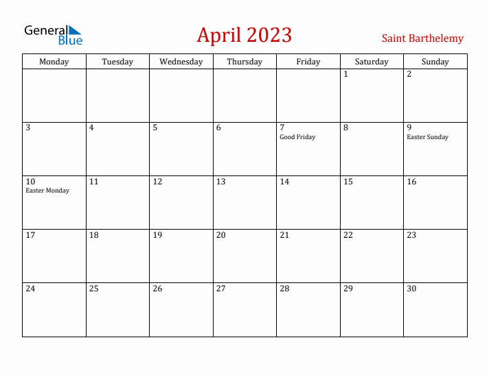 Saint Barthelemy April 2023 Calendar - Monday Start
