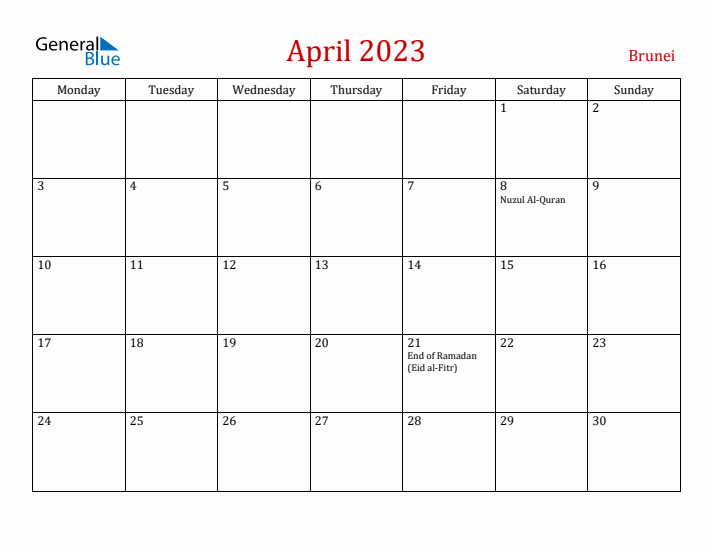 Brunei April 2023 Calendar - Monday Start