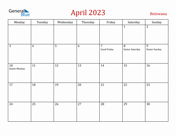 Botswana April 2023 Calendar - Monday Start