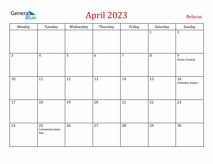 Belarus April 2023 Calendar - Monday Start