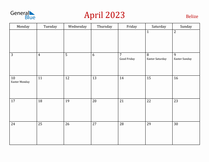 Belize April 2023 Calendar - Monday Start