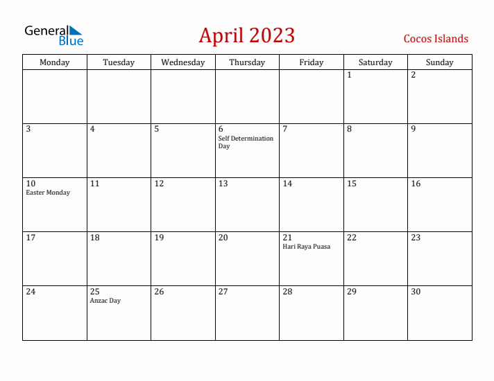 Cocos Islands April 2023 Calendar - Monday Start