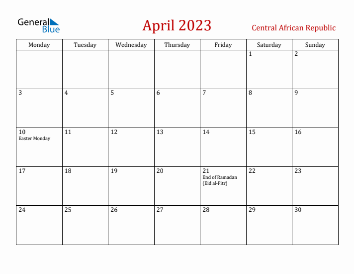 Central African Republic April 2023 Calendar - Monday Start