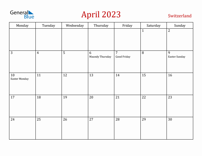 Switzerland April 2023 Calendar - Monday Start