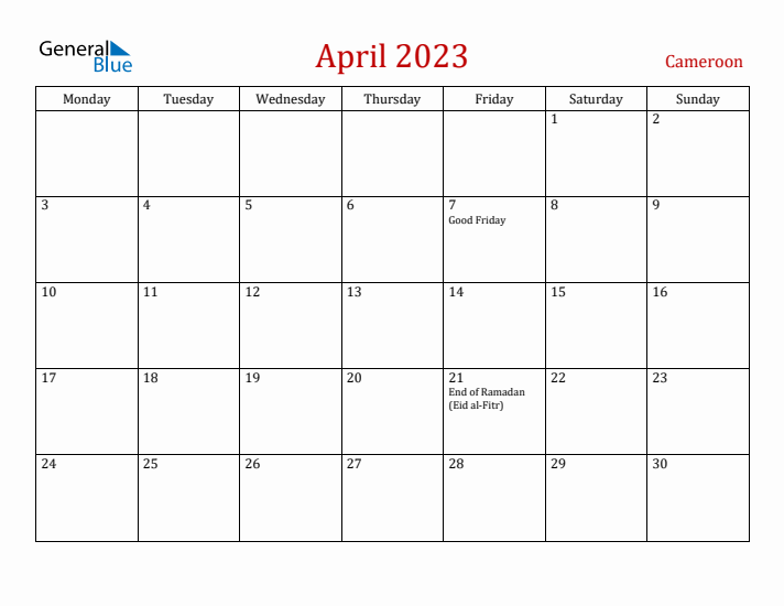 Cameroon April 2023 Calendar - Monday Start