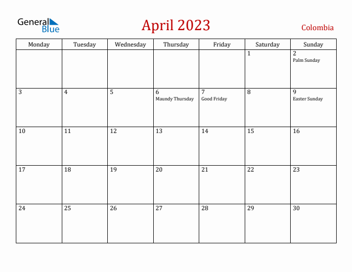 Colombia April 2023 Calendar - Monday Start