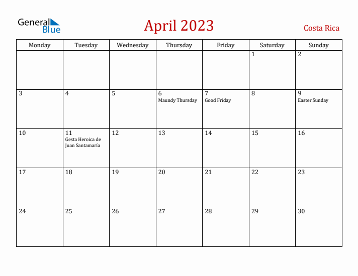 Costa Rica April 2023 Calendar - Monday Start