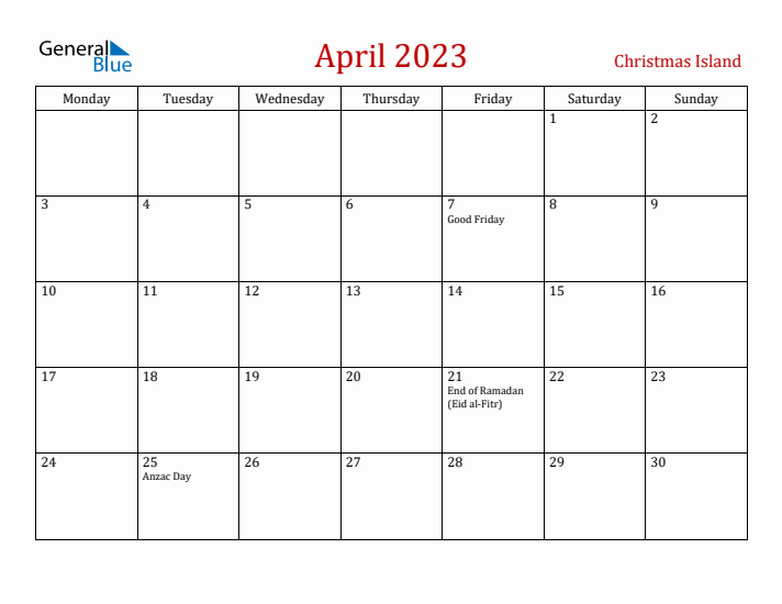 Christmas Island April 2023 Calendar - Monday Start